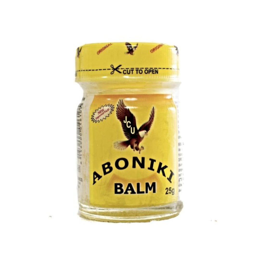 Jar of Aboniki Balm with yellow lid and label on a white background